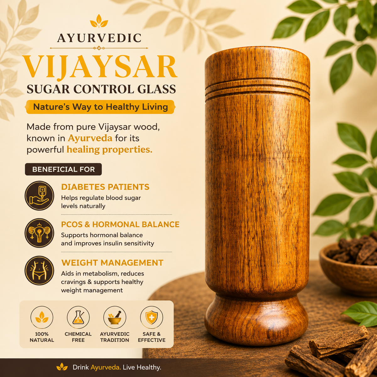 Premium Vijaysar Wooden Water Glass | Sugar Balance wooden water glass
