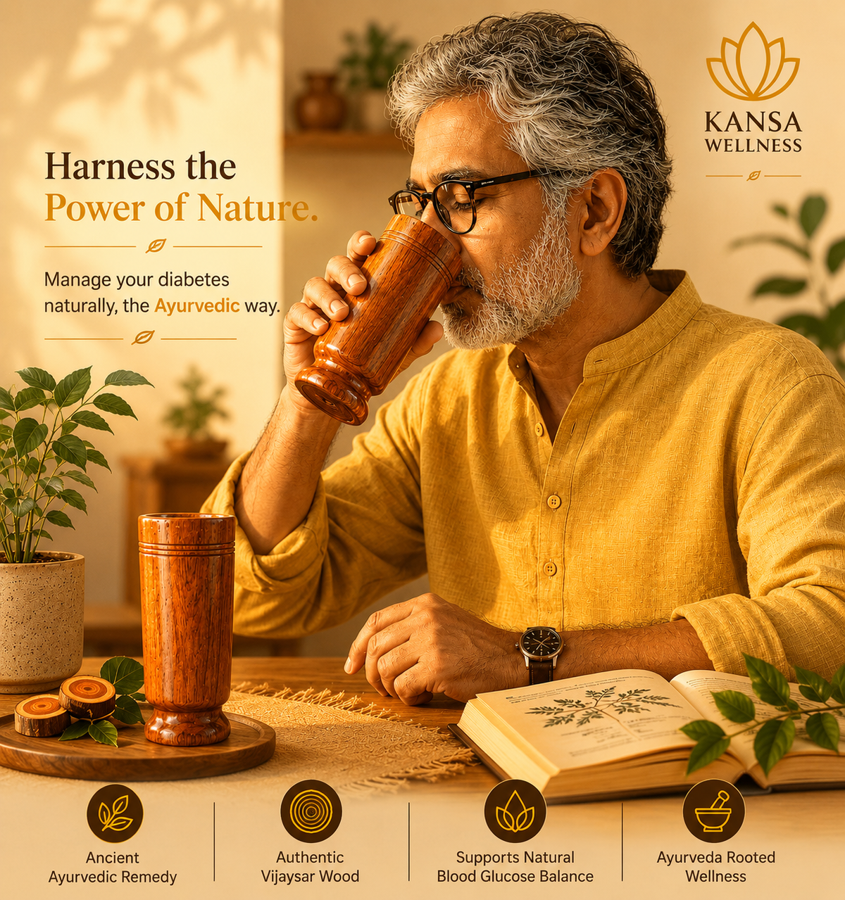 Premium Vijaysar Wooden Water Glass | Sugar Balance wooden water glass