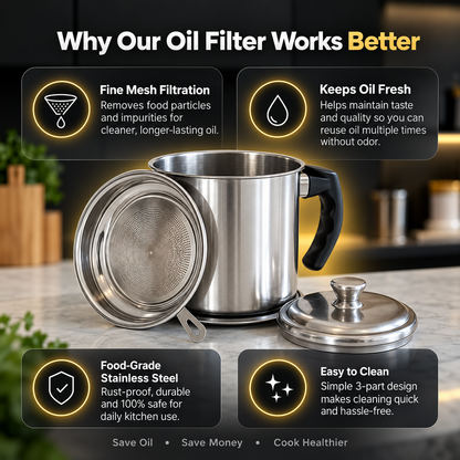 Stainless Steel Oil Filter with storage – Food-Grade Quality