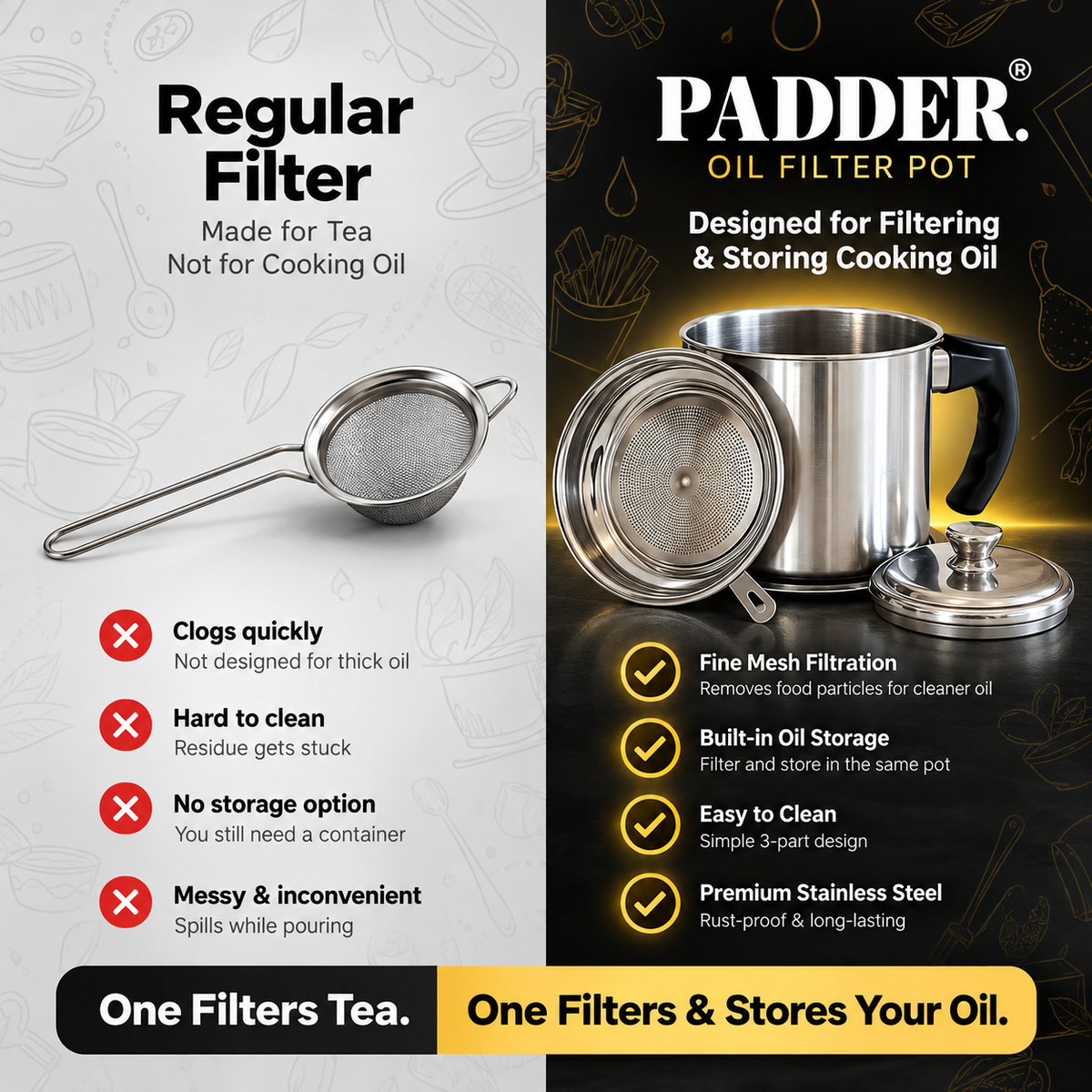 Stainless Steel Oil Filter with storage – Food-Grade Quality