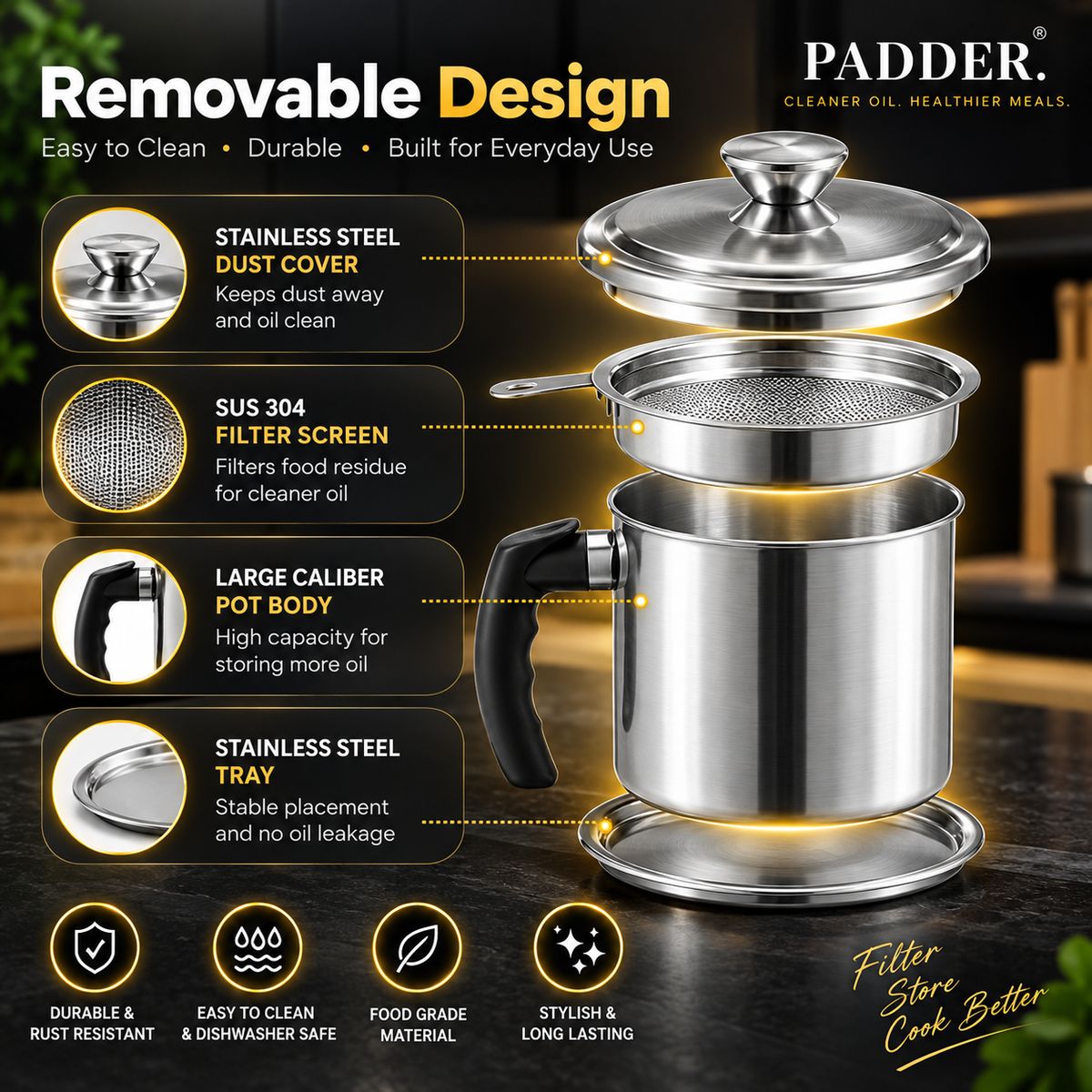 Stainless Steel Oil Filter with storage – Food-Grade Quality